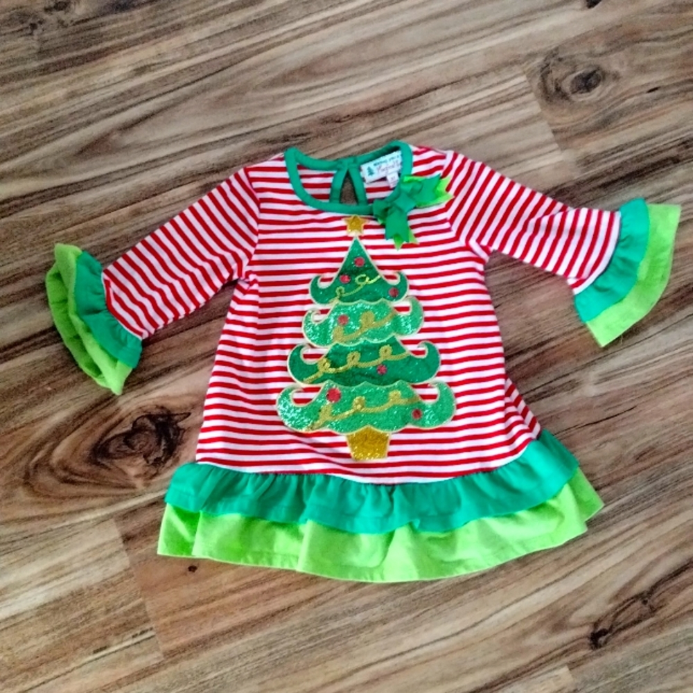 Girls Christmas Dress, Christmas Tree Ruffle Dress, Sequin Christmas Tree & Bows
